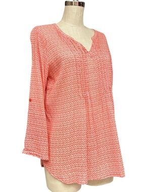 Hester & Orchard Coral White Geometric Print Cotton Tunic Top Medium